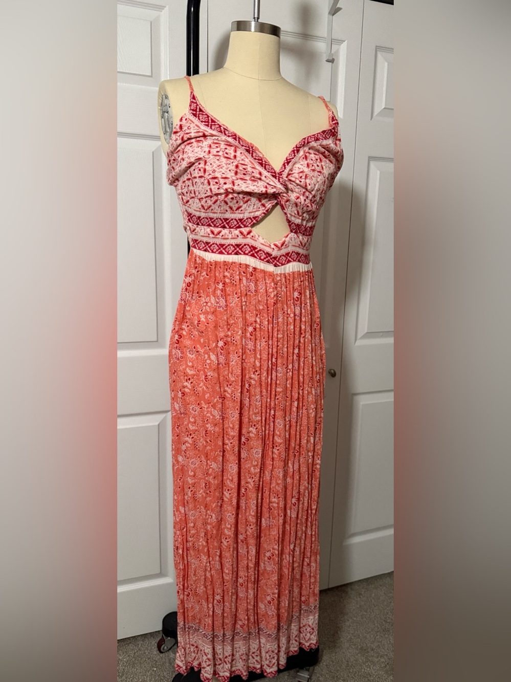 Angie Coral and White Twist-Front Boho Maxi Dress